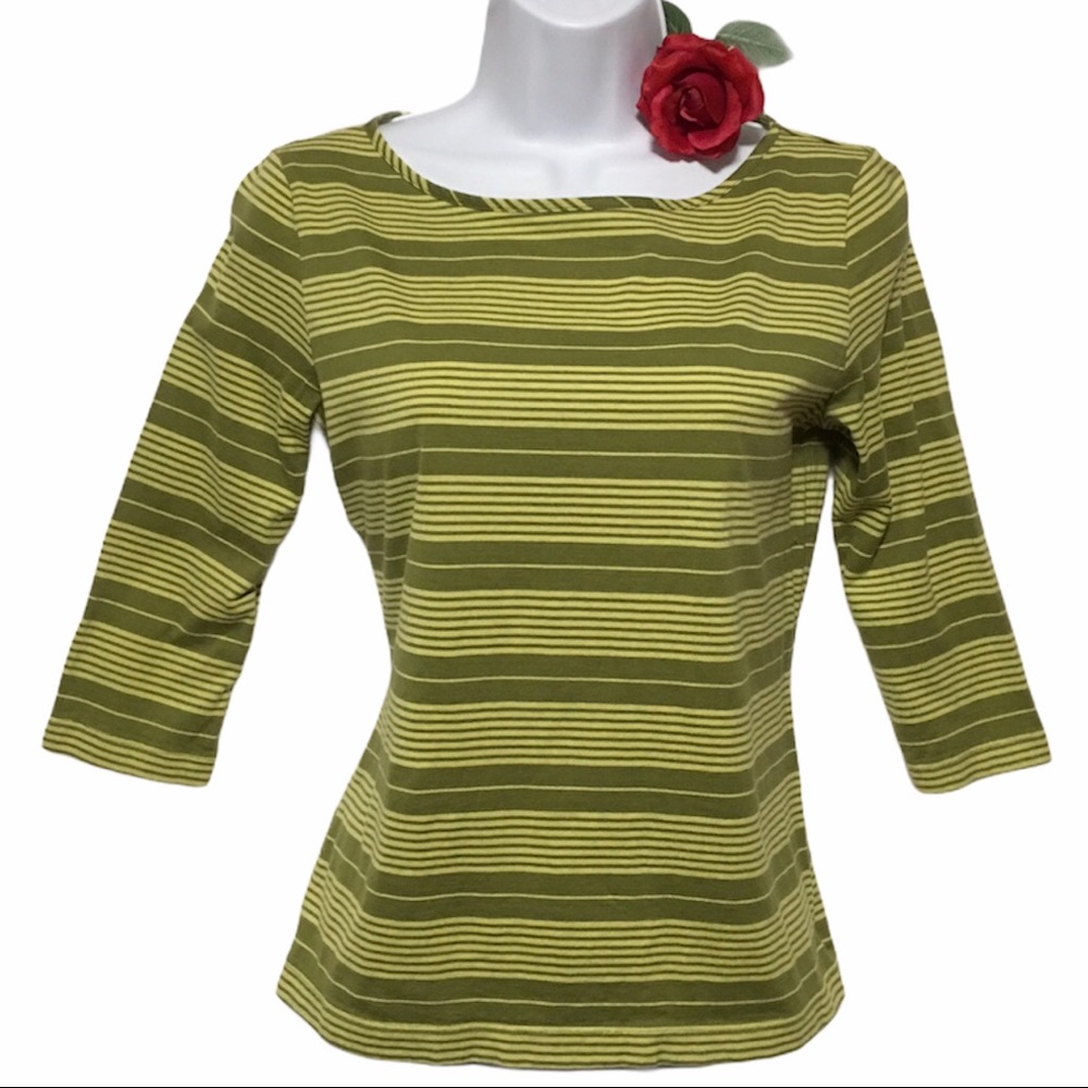 TOP TALBOTS SP GREEN STRIPED PULLOVER 3/4 SLEEVES